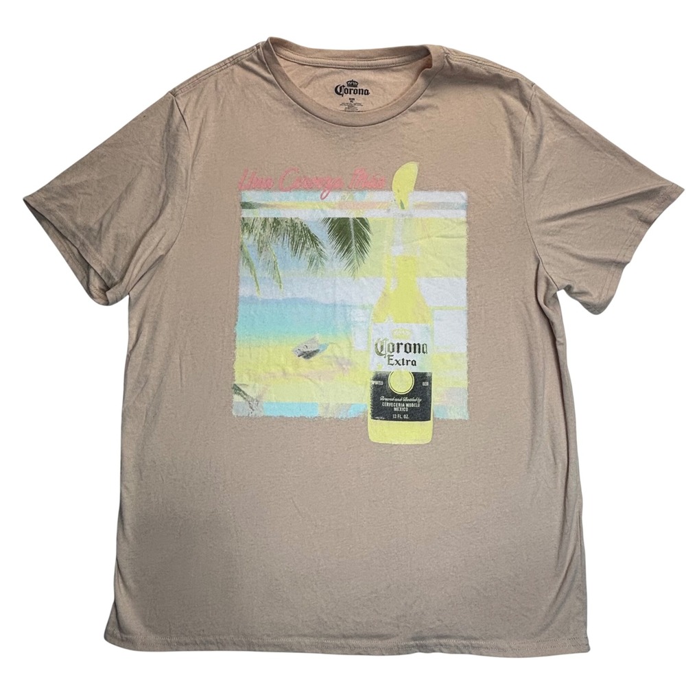 Corona Graphic Tee Mens XL Tan Una Cerveza Mas Beach‎ Beer Tropical Party Casual